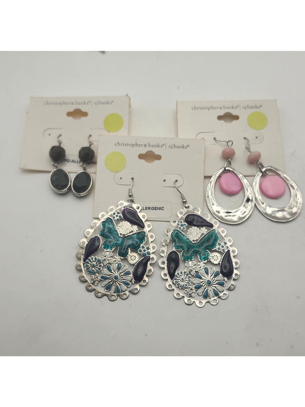 Christopher Banks CJ Pink Green Black Silvertone Earrings Lot Butterfly Dangle